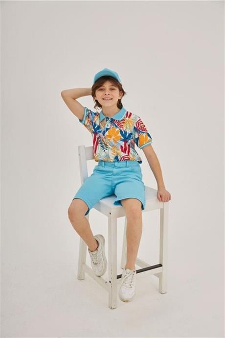 Erkek Çocuk Desenli Yakalı Tişört Renkli Kot Şort Şapka 3'lü Takım Mavi 8 Yaş