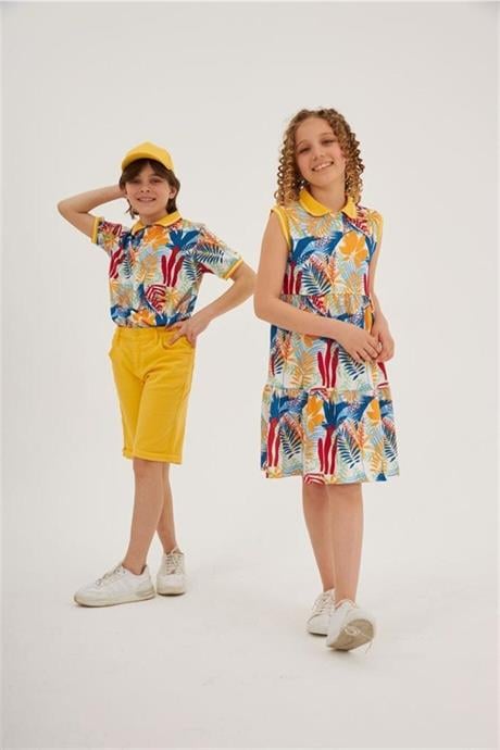 Erkek Çocuk Desenli Yakalı Tişört Renkli Kot Şort Şapka 3'lü Takım Sarı 6 Yaş