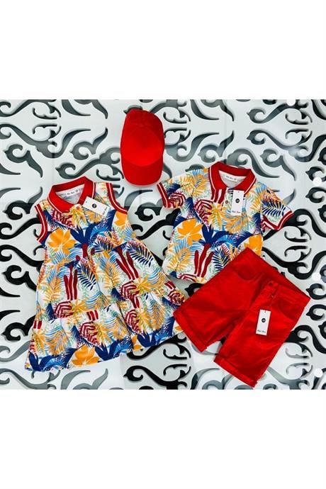 Erkek Çocuk Desenli Yakalı Tişört Renkli Kot Şort Şapka 3'lü Takım Kırmızı 8 Yaş