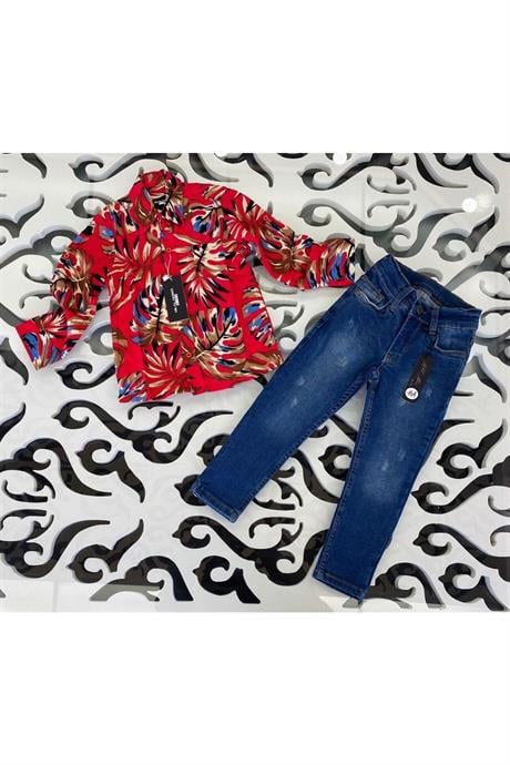 Erkek Çocuk Hawai Model Uzun Kollu Gömlek Kot Pantolon 2'li Takım Kırmızı 10 Yaş