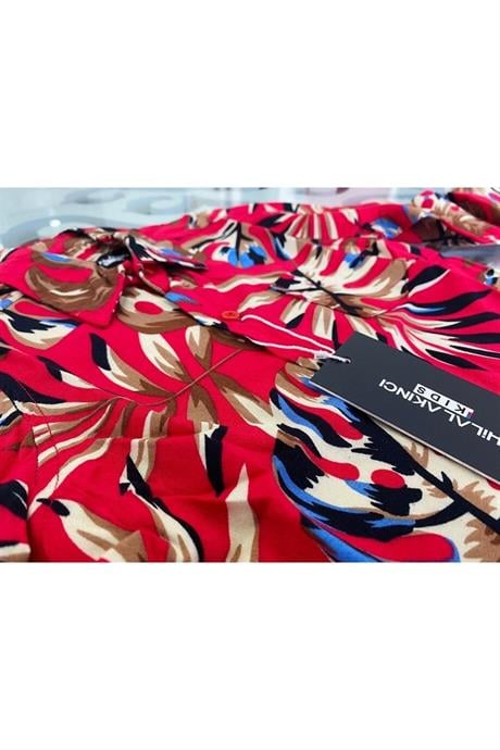 Erkek Çocuk Hawai Model Uzun Kollu Gömlek Kot Pantolon 2'li Takım Kırmızı 8 Yaş