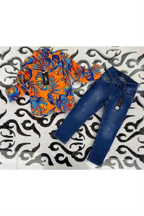 Erkek Çocuk Hawai Model Uzun Kollu Gömlek Kot Pantolon 2'li Takım Turuncu 8 Yaş