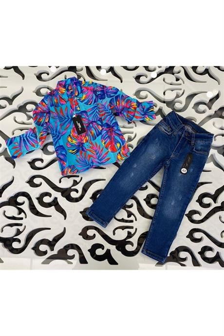 Erkek Çocuk Hawai Model Uzun Kollu Gömlek Kot Pantolon 2'li Takım Mavi 10 Yaş