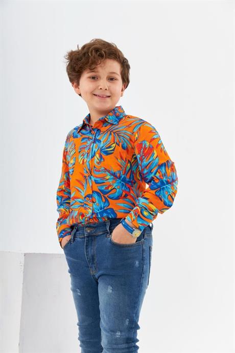 Erkek Çocuk Hawai Model Uzun Kollu Gömlek Kot Pantolon 2'li Takım Turuncu 10 Yaş