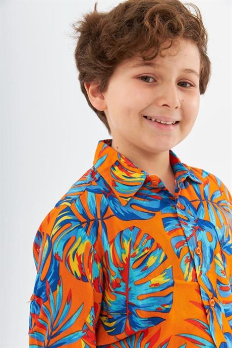 Erkek Çocuk Hawai Model Uzun Kollu Gömlek Kot Pantolon 2'li Takım Turuncu 4 Yaş