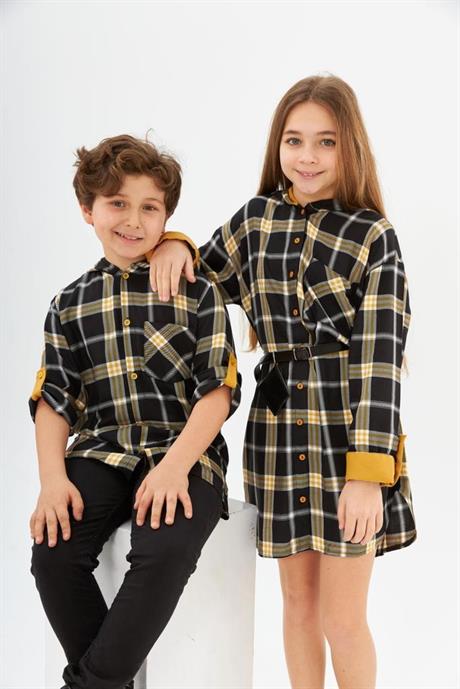 Erkek Çocuk Kapüşonlu Gömlek Siyah Gabardin Pantolon 2'li Takım Siyah 12 Yaş