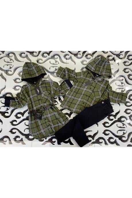 Erkek Çocuk Kapüşonlu Gömlek Siyah Gabardin Pantolon 2'li Takım Haki 10 Yaş