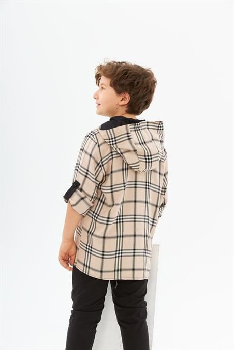 Erkek Çocuk Kapüşonlu Gömlek Siyah Gabardin Pantolon 2'li Takım Beyaz 6 Yaş