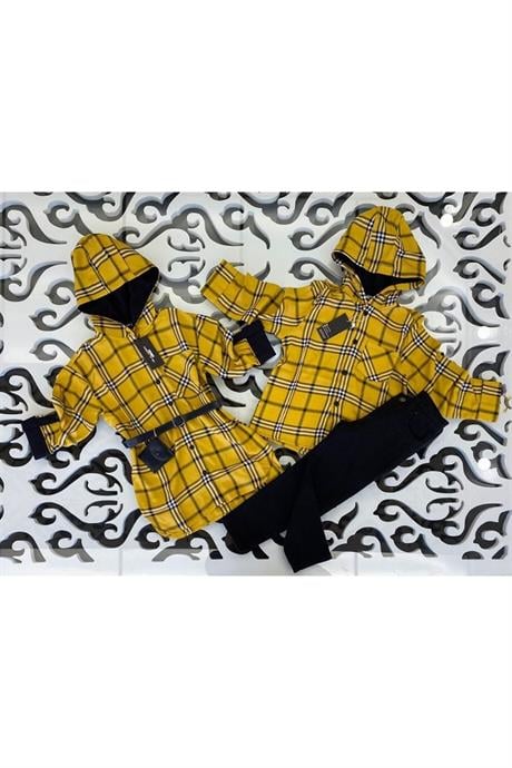 Erkek Çocuk Kapüşonlu Gömlek Siyah Gabardin Pantolon 2'li Takım Sarı 14 Yaş