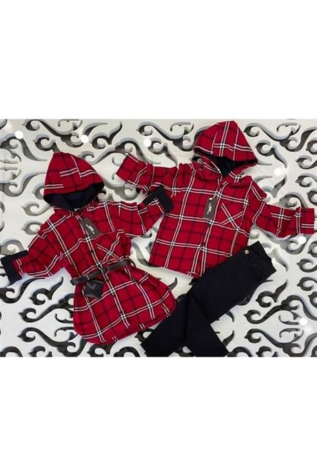 Erkek Çocuk Kapüşonlu Gömlek Siyah Gabardin Pantolon 2'li Takım Kırmızı 6 Yaş