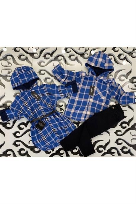Erkek Çocuk Kapüşonlu Gömlek Siyah Gabardin Pantolon 2'li Takım Mavi 12 Yaş
