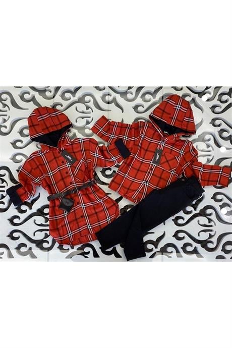 Erkek Çocuk Kapüşonlu Gömlek Siyah Gabardin Pantolon 2'li Takım Kiremit 12 Yaş