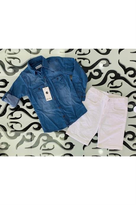 Erkek Çocuk Kot Gömlek Şort 2li Takım BEYAZ 10 Yaş