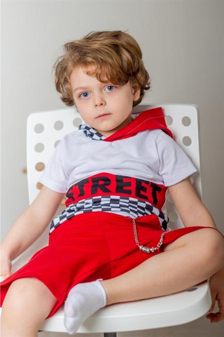 Erkek Çocuk Kırmızı Street Model Kısa Kollu Sweatshırt Zincirli Şortlu Eşofman Takım B-114 Kırmızı 4 Yaş