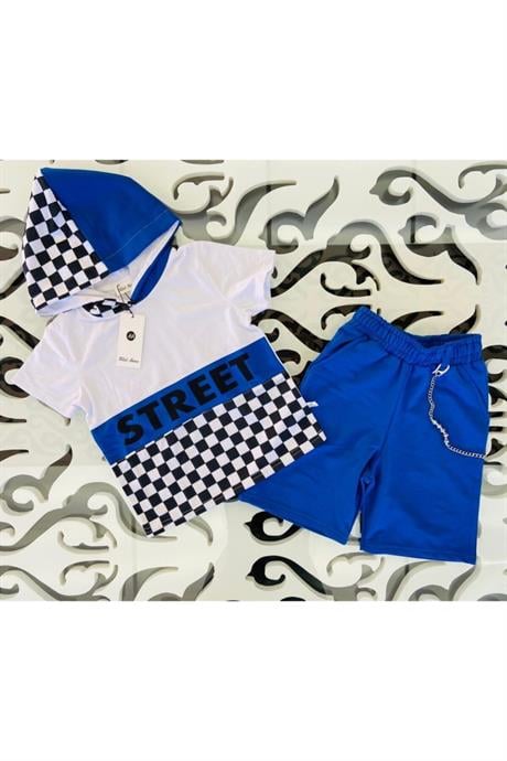 Erkek Çocuk Kırmızı Street Model Kısa Kollu Sweatshırt Zincirli Şortlu Eşofman Takım B-114 MAVİ 10 Yaş