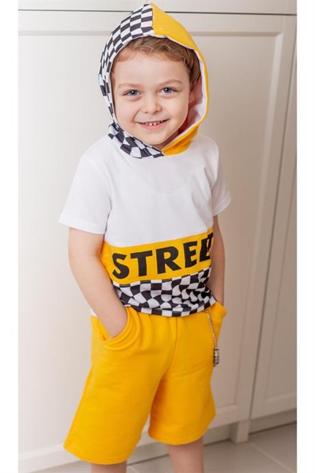 Erkek Çocuk Kırmızı Street Model Kısa Kollu Sweatshırt Zincirli Şortlu Eşofman Takım B-114 SARI 4 Yaş