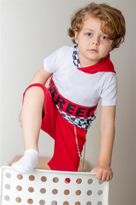 Erkek Çocuk Kırmızı Street Model Kısa Kollu Sweatshırt Zincirli Şortlu Eşofman Takım B-114 Kırmızı 4 Yaş