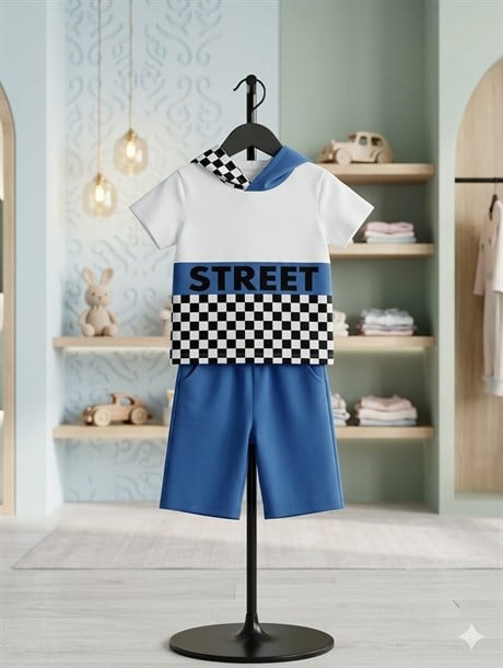 Erkek Çocuk Kırmızı Street Model Kısa Kollu Sweatshırt Zincirli Şortlu Eşofman Takım B-114