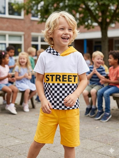 Erkek Çocuk Kırmızı Street Model Kısa Kollu Sweatshırt Zincirli Şortlu Eşofman Takım B-114
