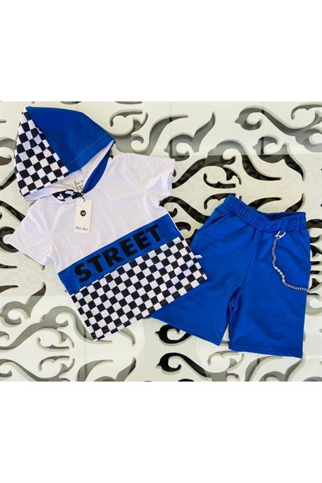 Erkek Çocuk Kırmızı Street Model Kısa Kollu Sweatshırt Zincirli Şortlu Eşofman Takım B-114 MAVİ 12 Yaş