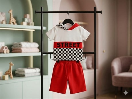 Erkek Çocuk Kırmızı Street Model Kısa Kollu Sweatshırt Zincirli Şortlu Eşofman Takım B-114