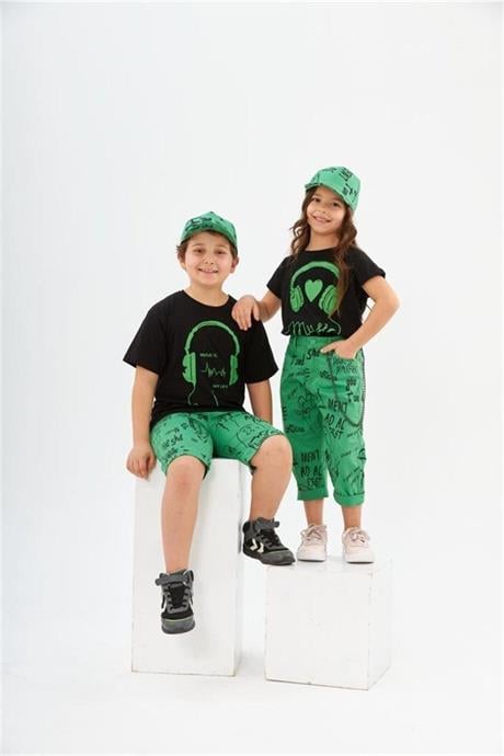 Erkek Çocuk Kulaklık Baskılı Siyah Tişört Zincirli Yazılı Kot Şort Şapka 2'li Takım Yeşil 10 Yaş