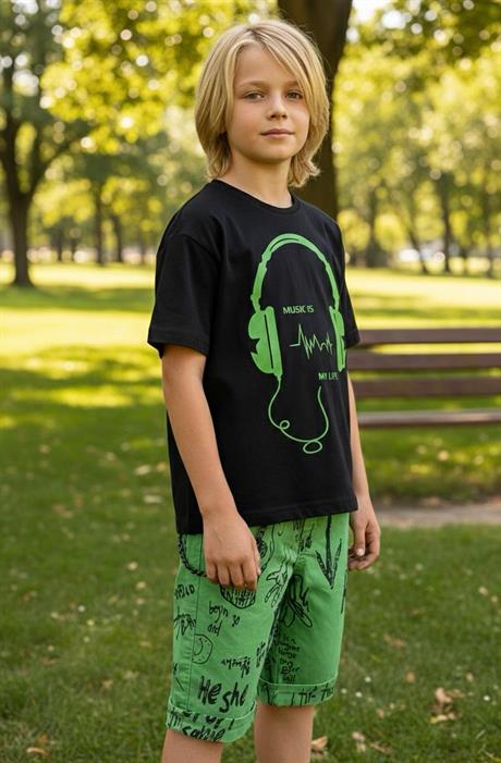Erkek Çocuk Kulaklık Baskılı Siyah Tişört Zincirli Yazılı Kot Şort Şapkasız 2'li Takım Yeşil 12 Yaş