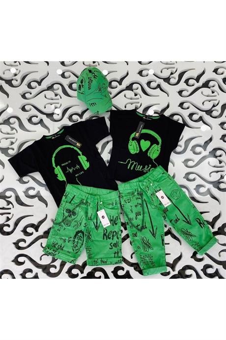 Erkek Çocuk Kulaklık Baskılı Siyah Tişört Zincirli Yazılı Kot Şort Şapka 2'li Takım Yeşil 6 Yaş