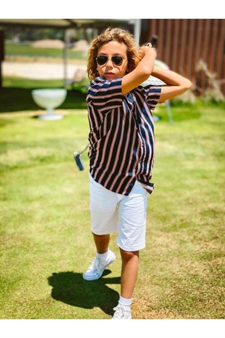 Erkek Çocuk Lacivert Çizgili Viskon Gömlek Renkli Pamuk Tişörtlü Şortlu Eşofman Takım Ha0005 LACİVERT 6 Yaş