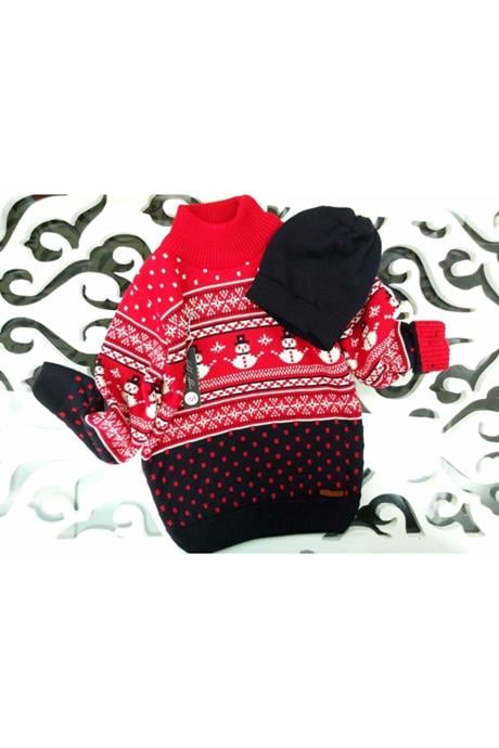 Erkek Çocuk Lacivert Yılbaşı Kardan Adam Model Kazak 2li Set KIRMIZI 10 Yaş