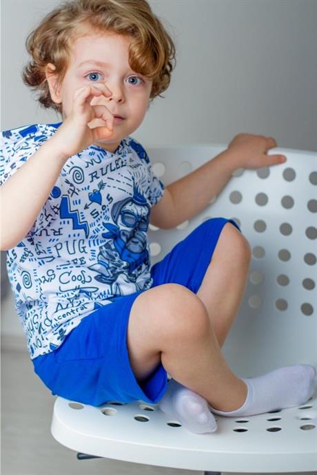 Erkek Çocuk Mavi Kapüşonlu Kral Köpek Model Kısa Kollu Sweatshirt Şort Zincirli Eşofman Takım B-113 SAKS 12 Yaş