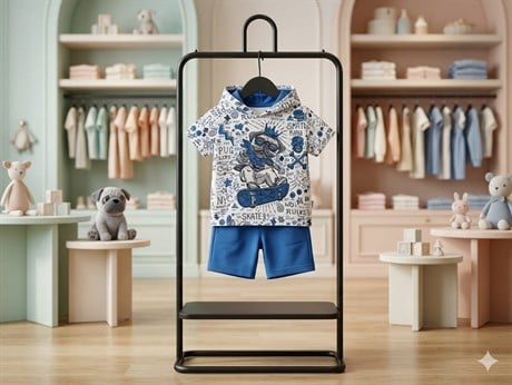 Erkek Çocuk Mavi Kapüşonlu Kral Köpek Model Kısa Kollu Sweatshirt Şort Zincirli Eşofman Takım B-113