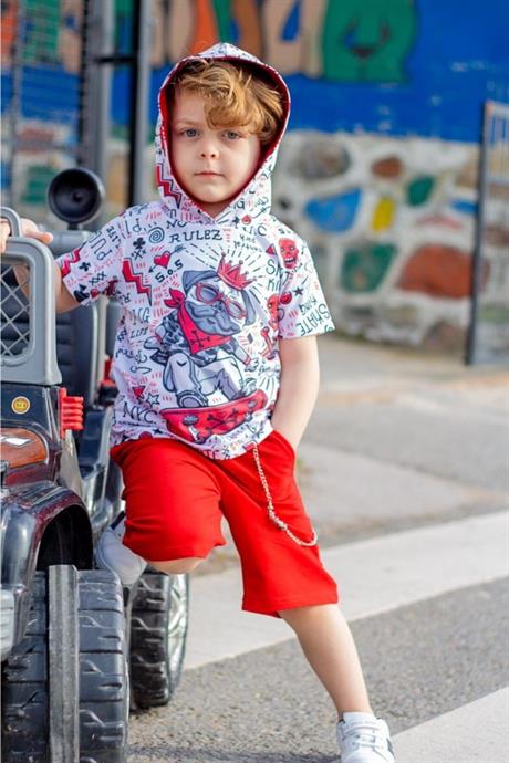 Erkek Çocuk Mavi Kapüşonlu Kral Köpek Model Kısa Kollu Sweatshirt Şort Zincirli Eşofman Takım B-113 KIRMIZI 6 Yaş