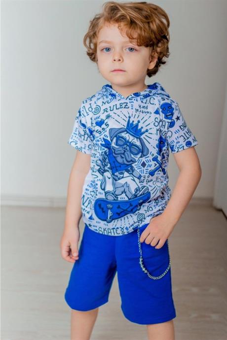 Erkek Çocuk Mavi Kapüşonlu Kral Köpek Model Kısa Kollu Sweatshirt Şort Zincirli Eşofman Takım B-113 SAKS 4 Yaş