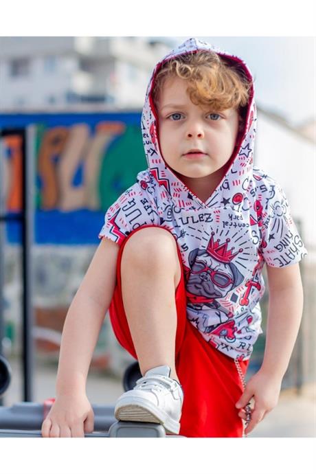 Erkek Çocuk Mavi Kapüşonlu Kral Köpek Model Kısa Kollu Sweatshirt Şort Zincirli Eşofman Takım B-113 KIRMIZI 12 Yaş