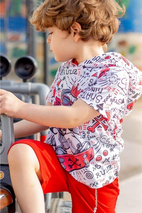 Erkek Çocuk Mavi Kapüşonlu Kral Köpek Model Kısa Kollu Sweatshirt Şort Zincirli Eşofman Takım B-113 KIRMIZI 14 Yaş