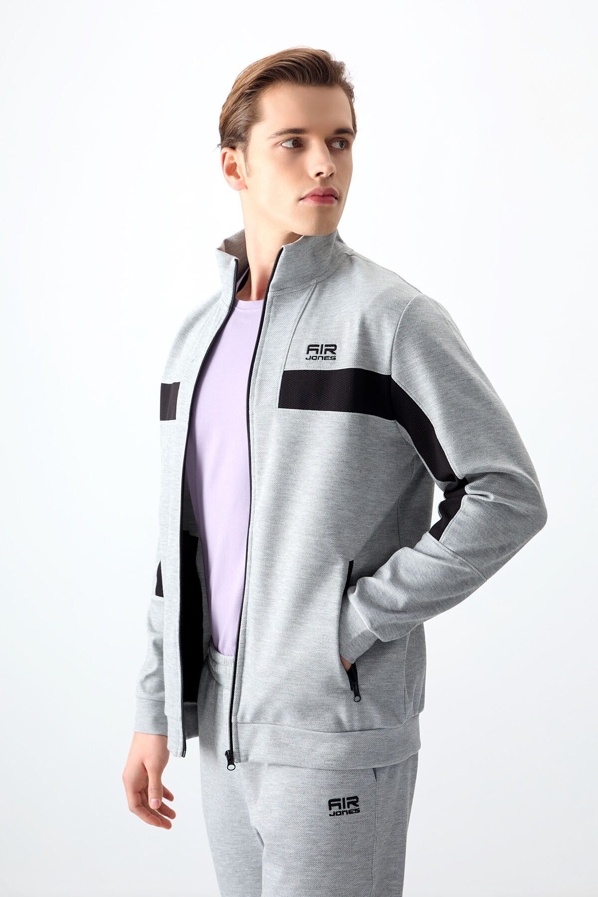 Gri Melanj Yüzeyi Dokulu Standart Fit Nakışlı Erkek Eşofman Takım - 85248