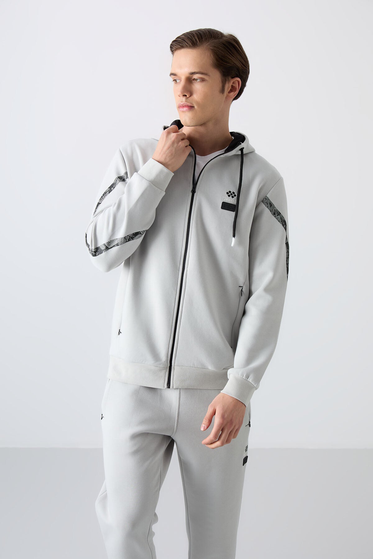 Taş Pamuklu Kalın Yumuşak Dokulu Comfort Fit Baskılı Erkek Eşofman Takım - 85236