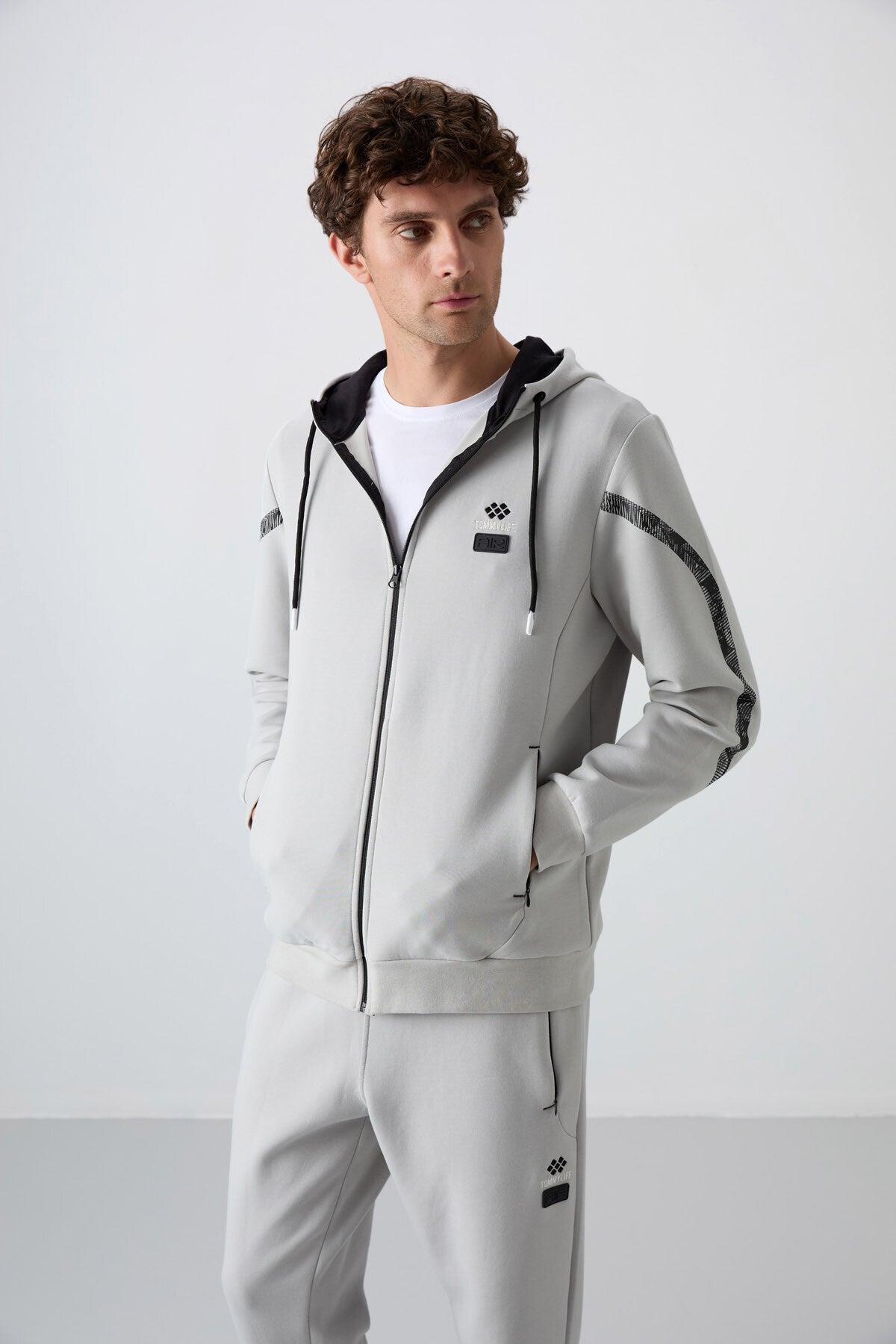 Taş Pamuklu Kalın Yumuşak Dokulu Comfort Fit Baskılı Erkek Eşofman Takım - 85236