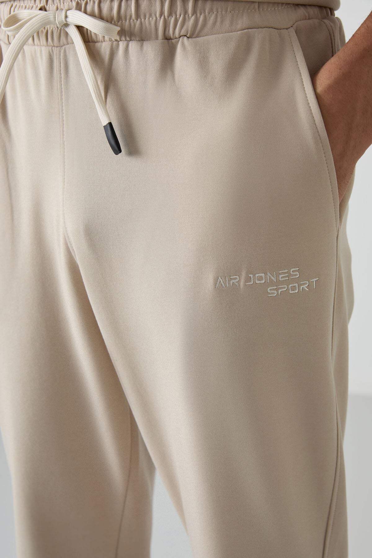 Bej Pamuklu Kalın Yumuşak Dokulu Oversize Fit Nakışlı Erkek Eşofman Takım - 85252