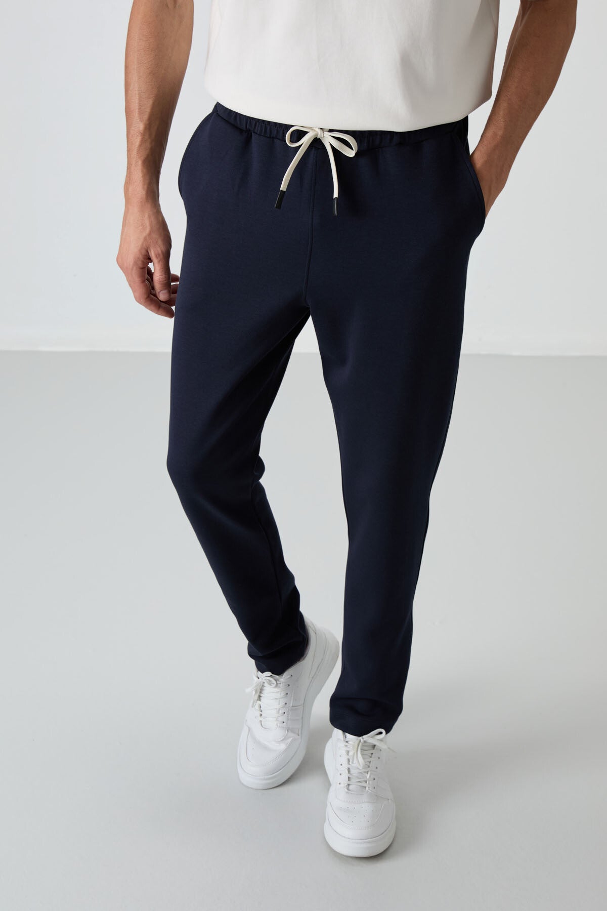 Ekru - Lacivert Pamuklu Kalın Yumuşak Dokulu Oversize Fit Basic Erkek Eşofman Takım - 85251