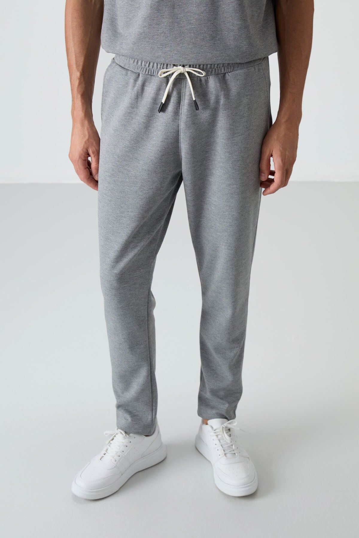 Gri Melanj Pamuklu Kalın Yumuşak Dokulu Oversize Fit Basic Erkek Eşofman Takım - 85251