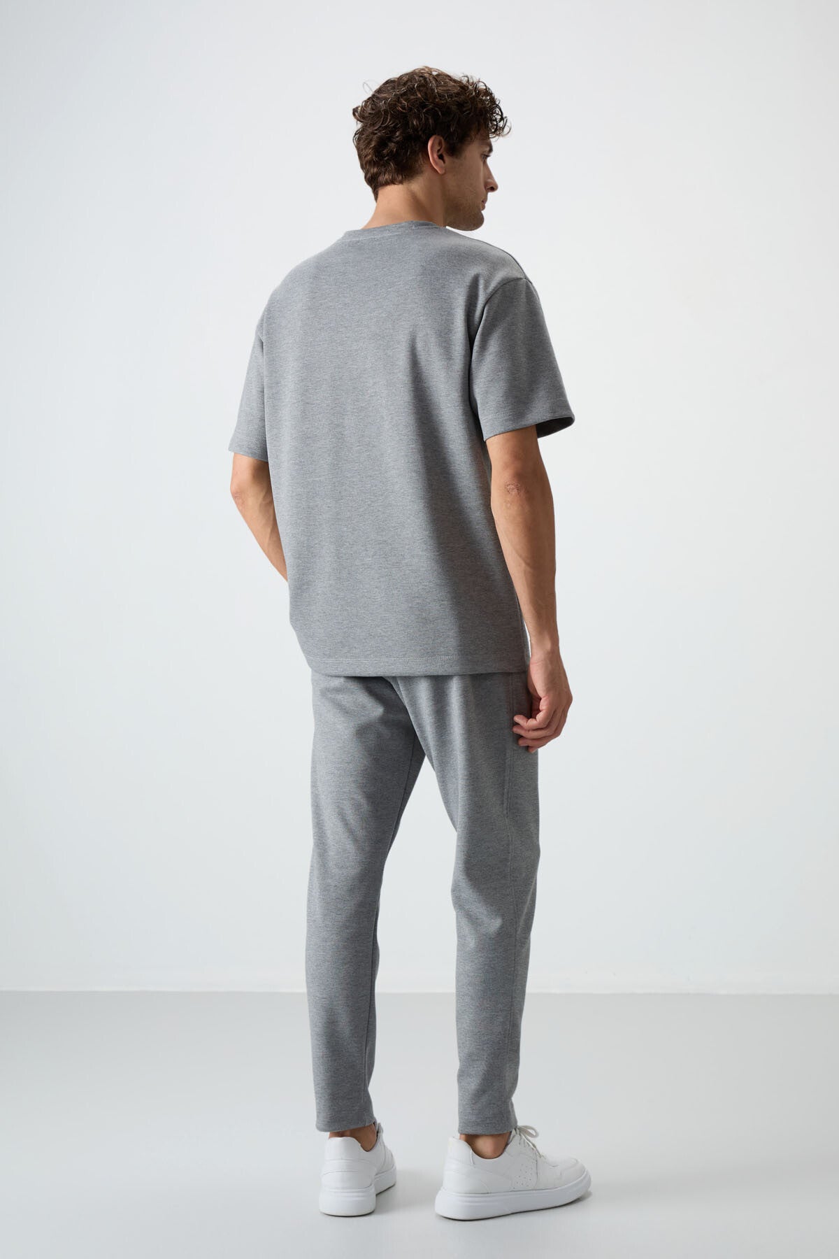 Gri Melanj Pamuklu Kalın Yumuşak Dokulu Oversize Fit Basic Erkek Eşofman Takım - 85251