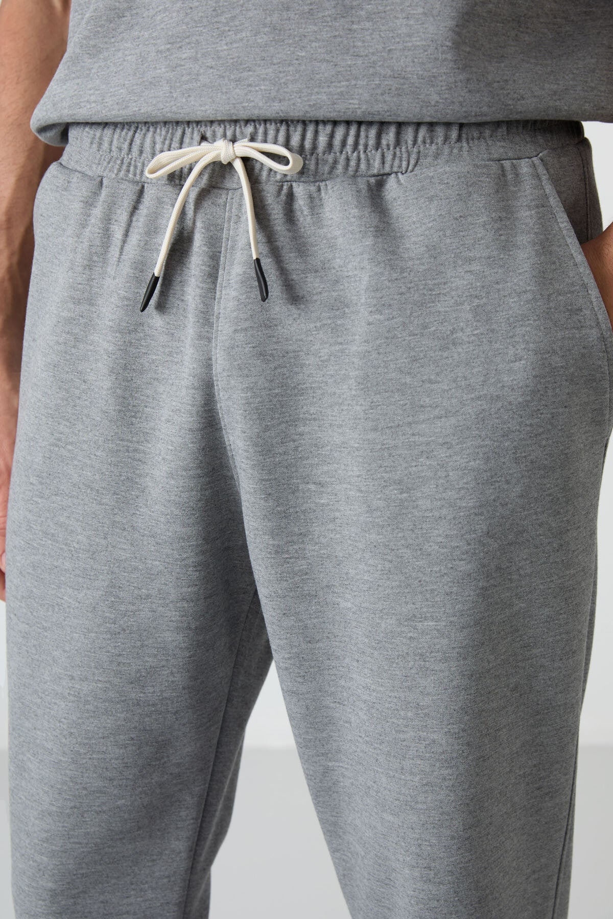 Gri Melanj Pamuklu Kalın Yumuşak Dokulu Oversize Fit Basic Erkek Eşofman Takım - 85251