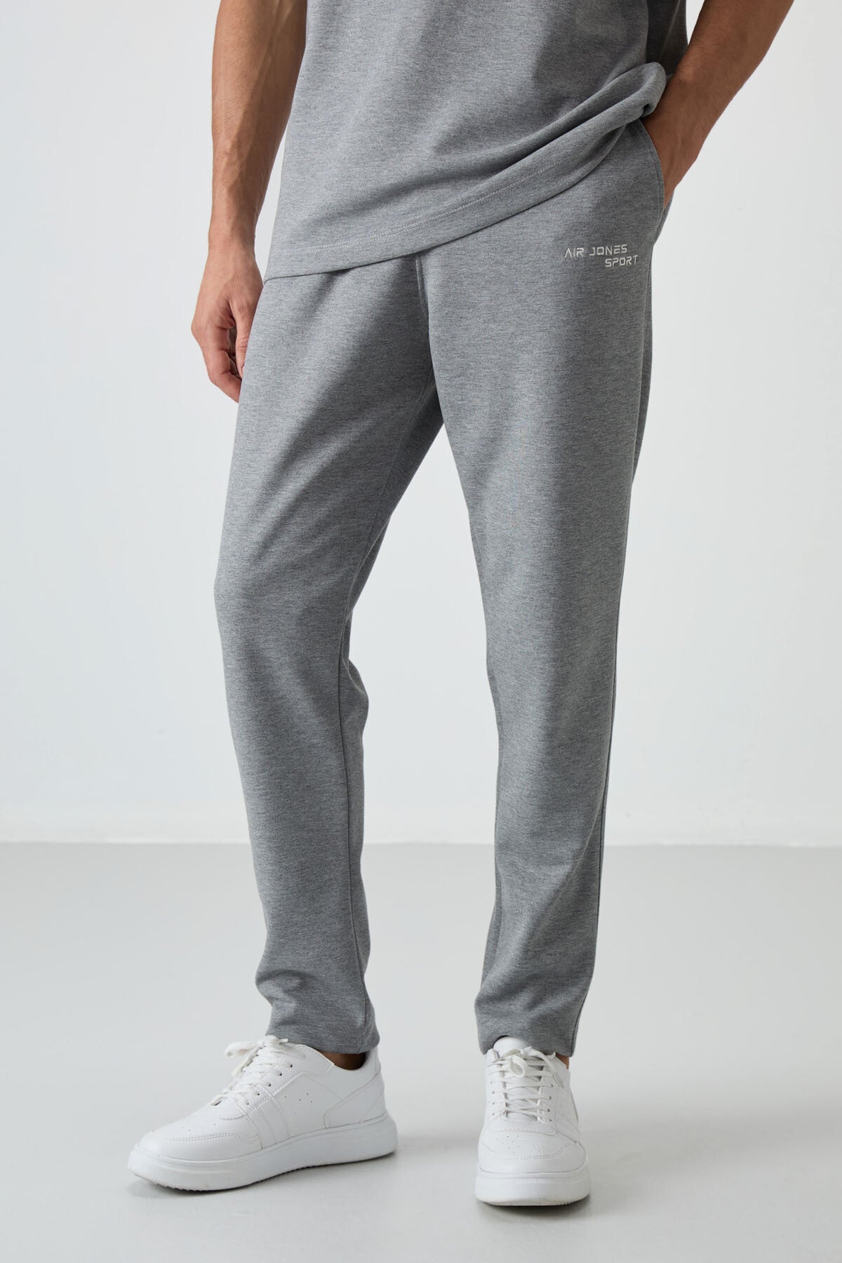 Gri Melanj Pamuklu Kalın Yumuşak Dokulu Oversize Fit Nakışlı Erkek Eşofman Takım - 85252