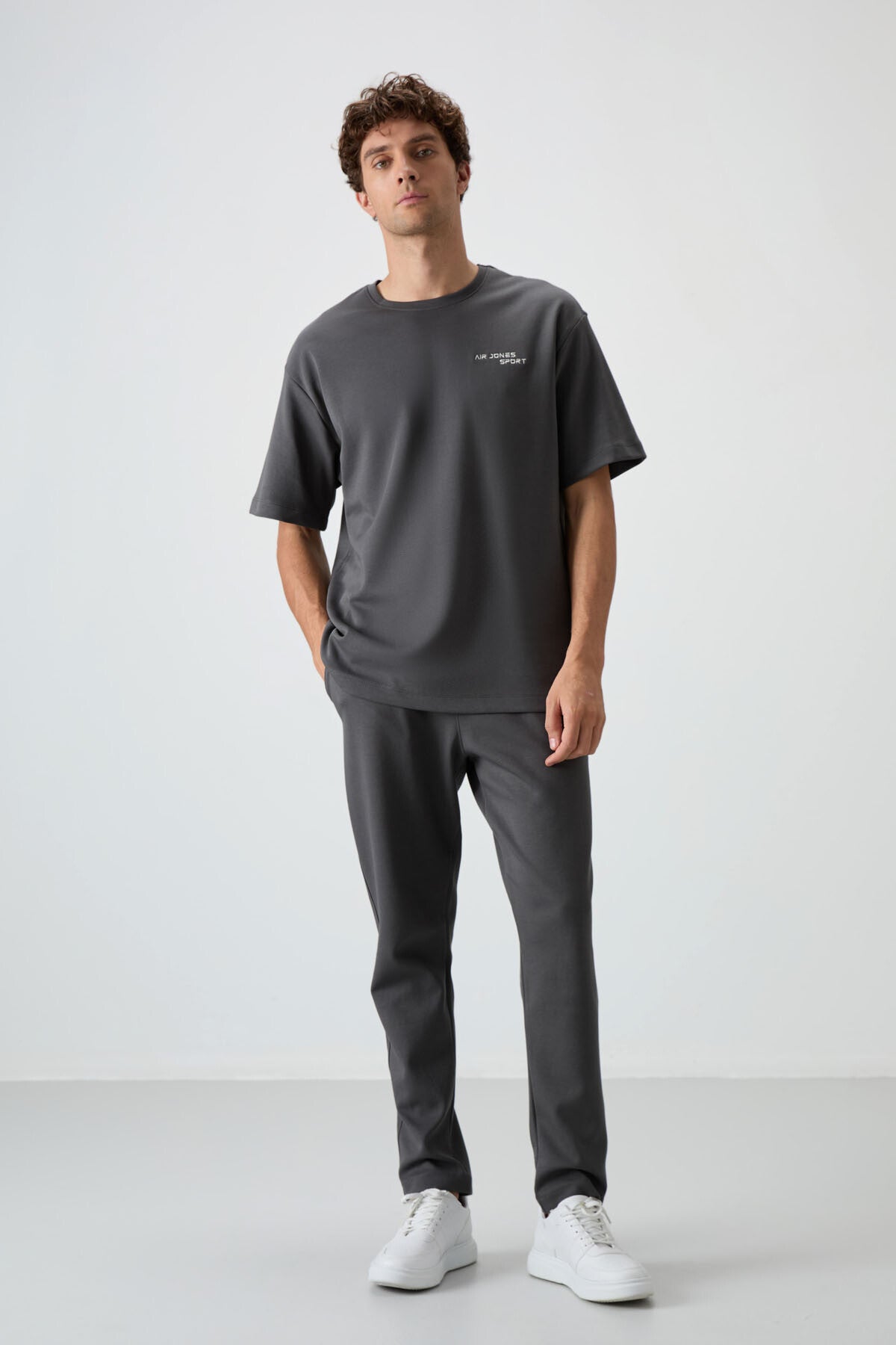 Haki Pamuklu Kalın Yumuşak Dokulu Oversize Fit Nakışlı Erkek Eşofman Takım - 85252