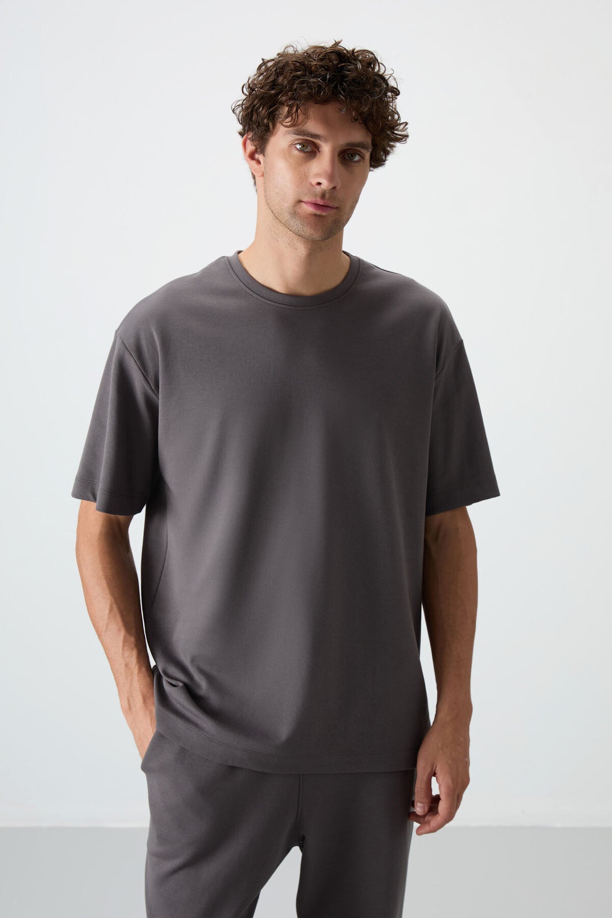 Koyu Gri Pamuklu Kalın Yumuşak Dokulu Oversize Fit Basic Erkek Eşofman Takım - 85251