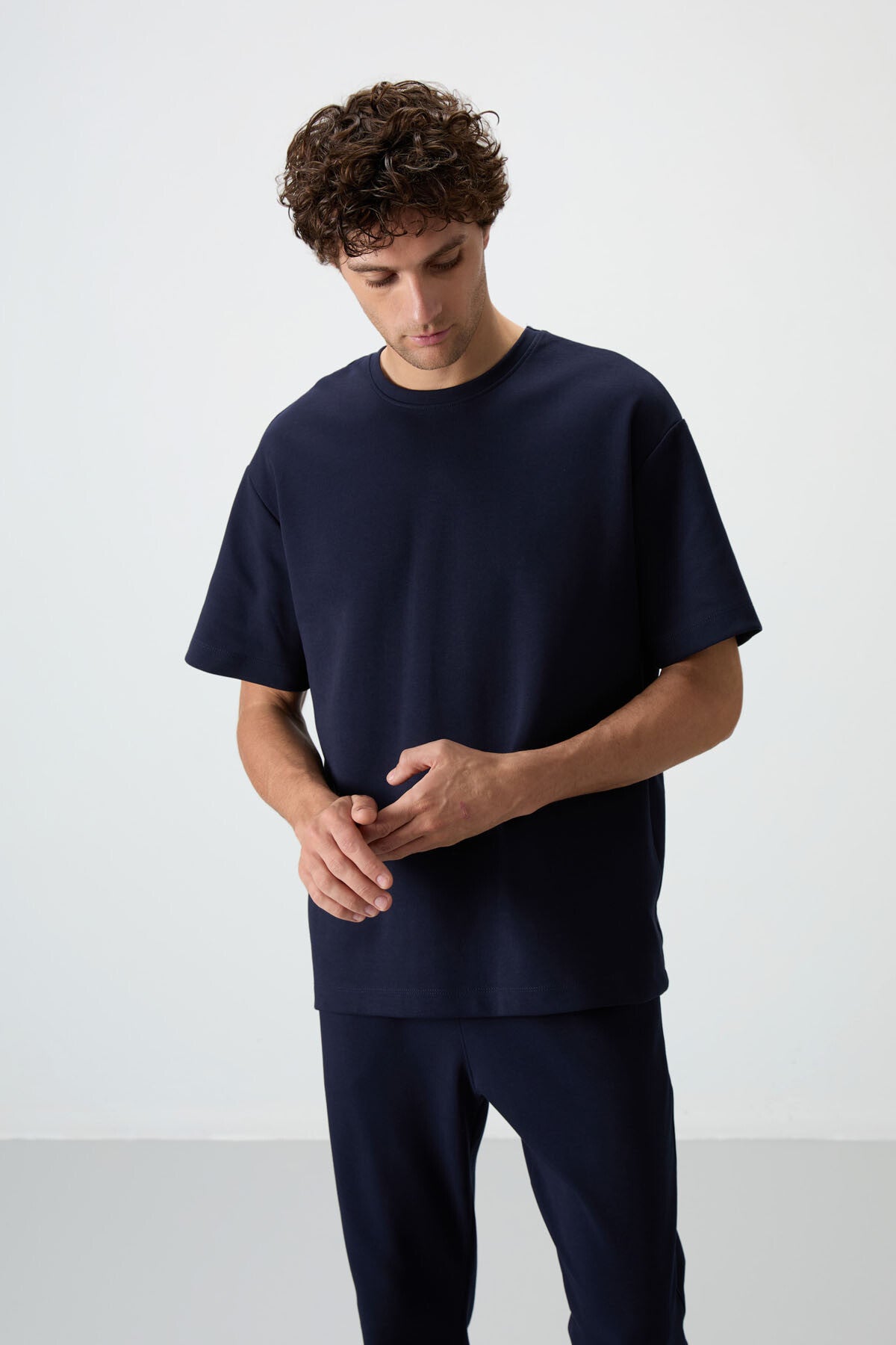 Lacivert Pamuklu Kalın Yumuşak Dokulu Oversize Fit Basic Erkek Eşofman Takım - 85251