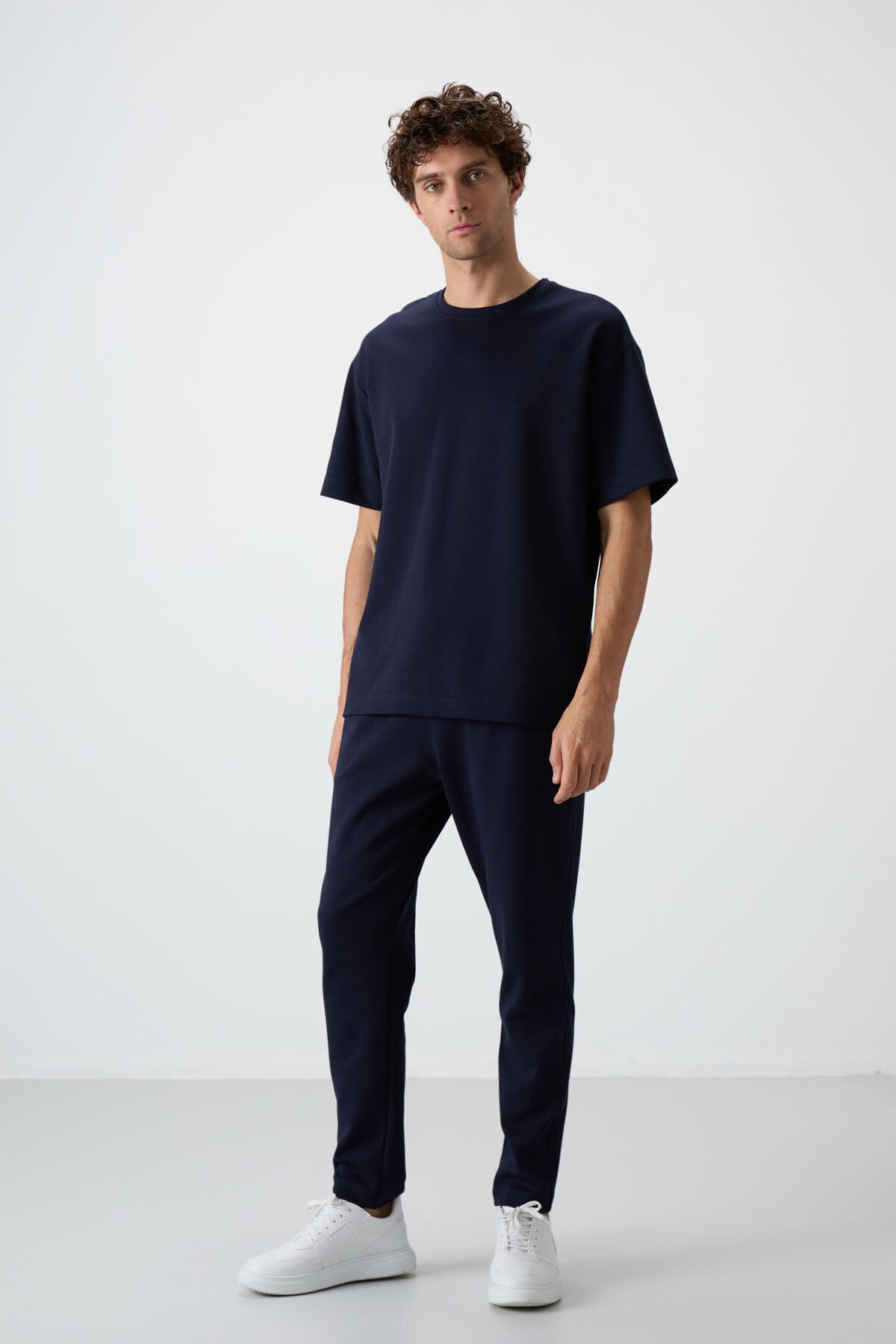 Lacivert Pamuklu Kalın Yumuşak Dokulu Oversize Fit Basic Erkek Eşofman Takım - 85251