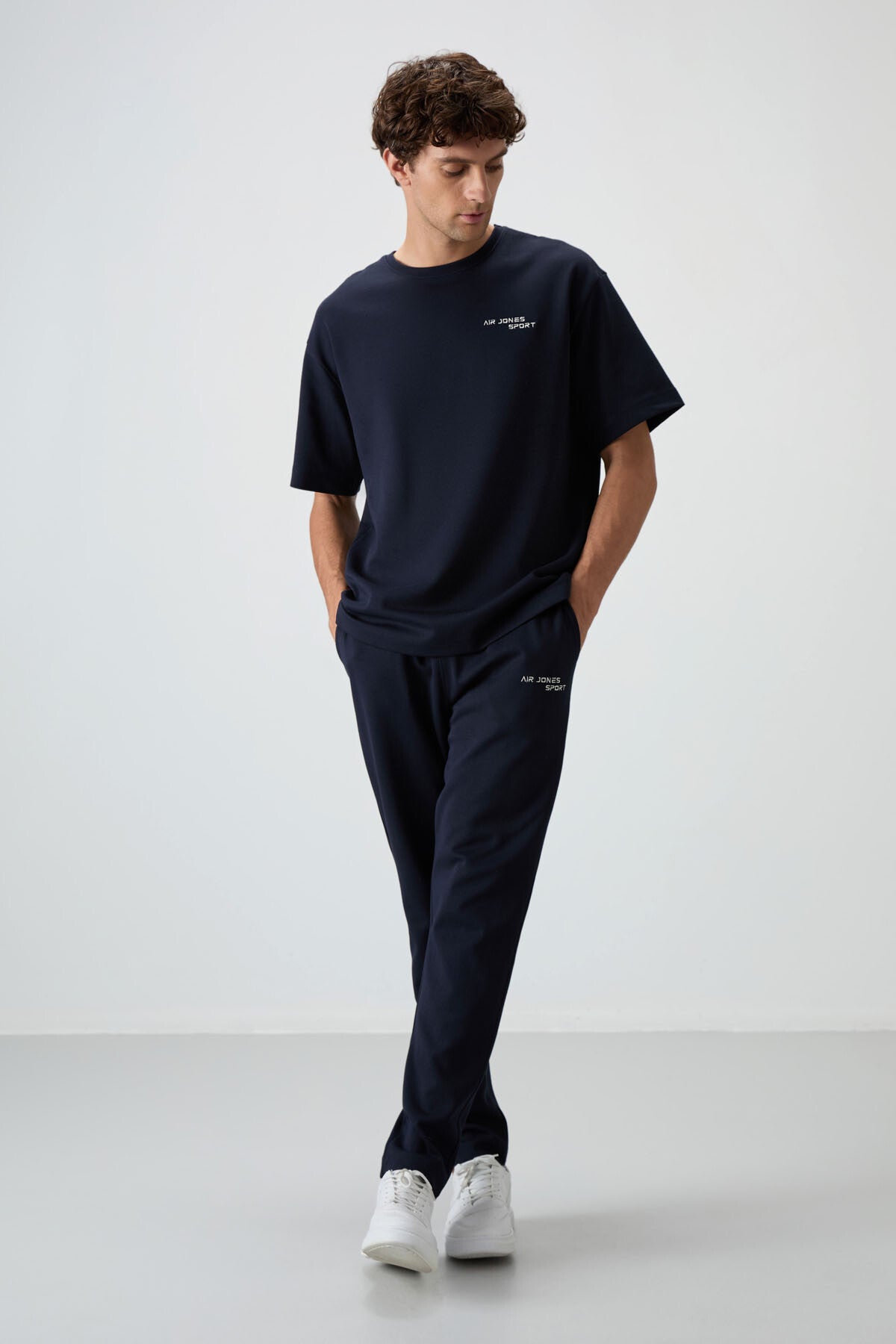 Lacivert Pamuklu Kalın Yumuşak Dokulu Oversize Fit Nakışlı Erkek Eşofman Takım - 85252